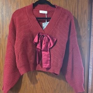 Sandro Red V-Neck Sweater with Satin Bow
